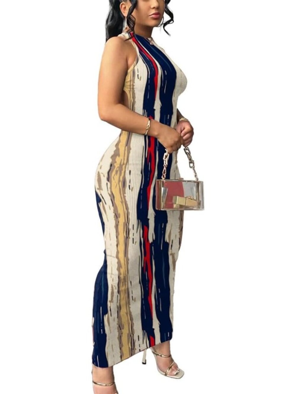 🆕Women's Stripe Summer Body con Maxi Dress sleeveless Casual Long Dresses